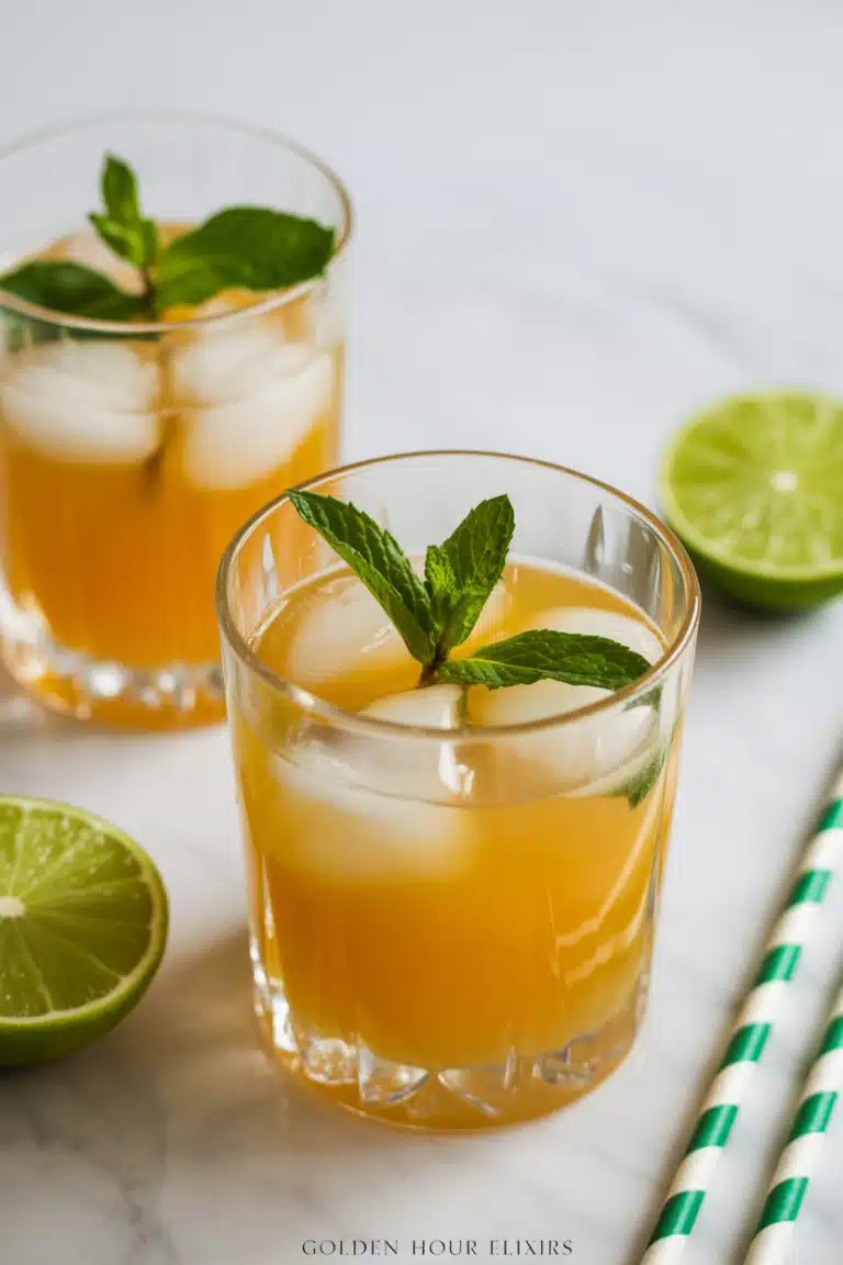 Close-up of mango lemonade with mango and lemon garnish