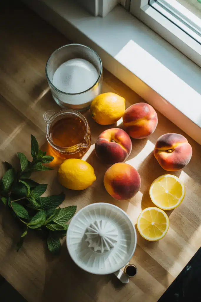Ingredients for homemade peach lemonade on wooden counter