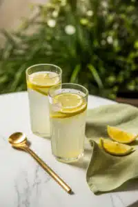 Perfect lemonade recipe close-up with lemon slice, mint, and condensation