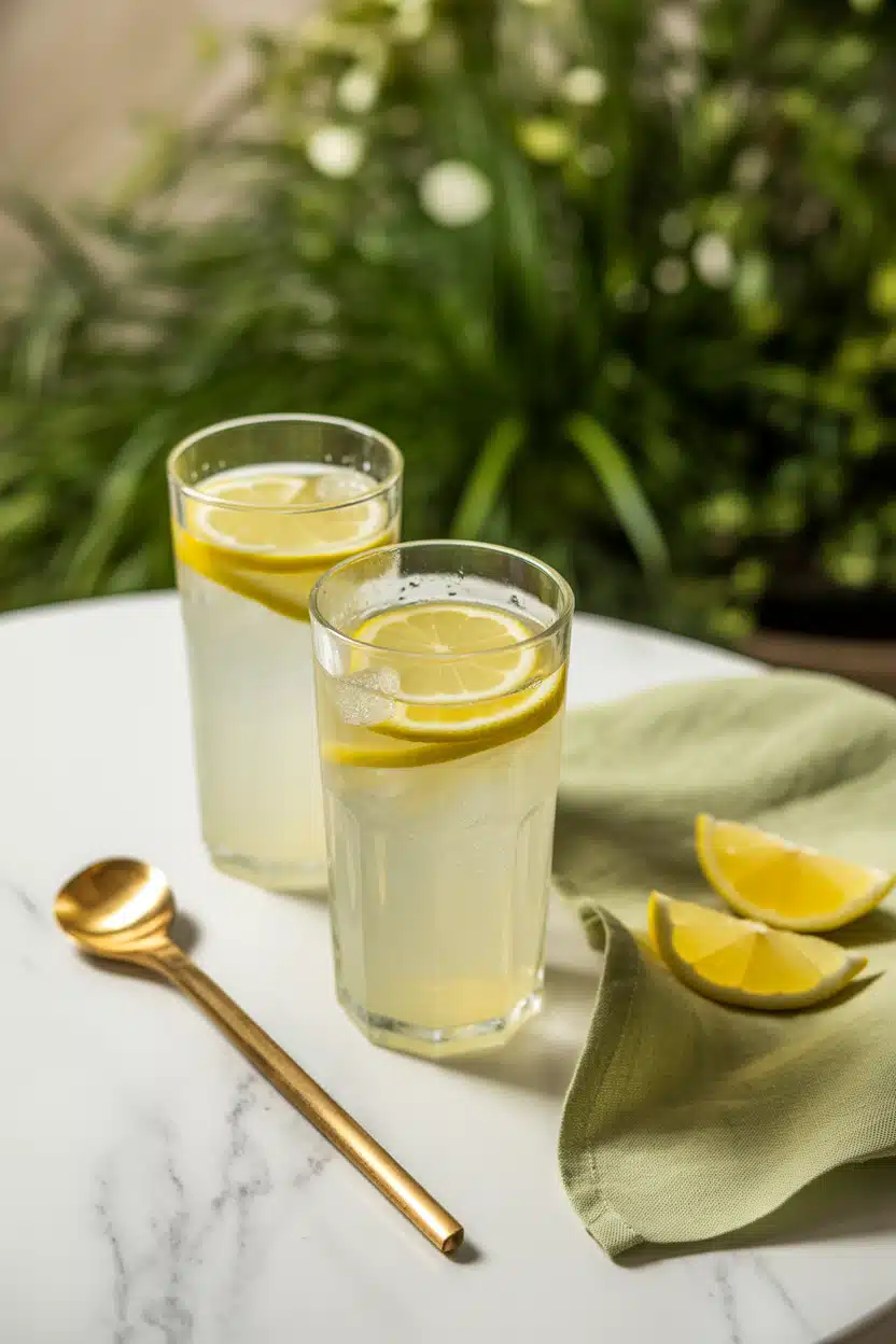 Perfect lemonade recipe close-up with lemon slice, mint, and condensation