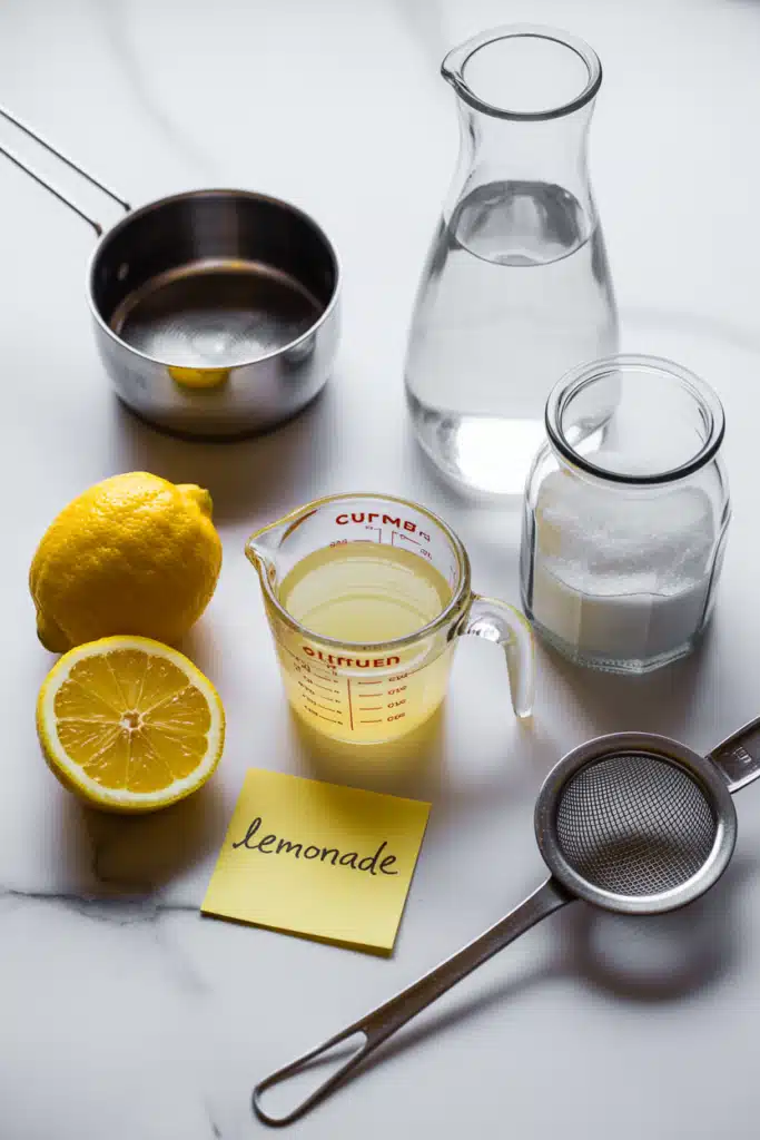Ingredients for the perfect lemonade recipe laid out on marble