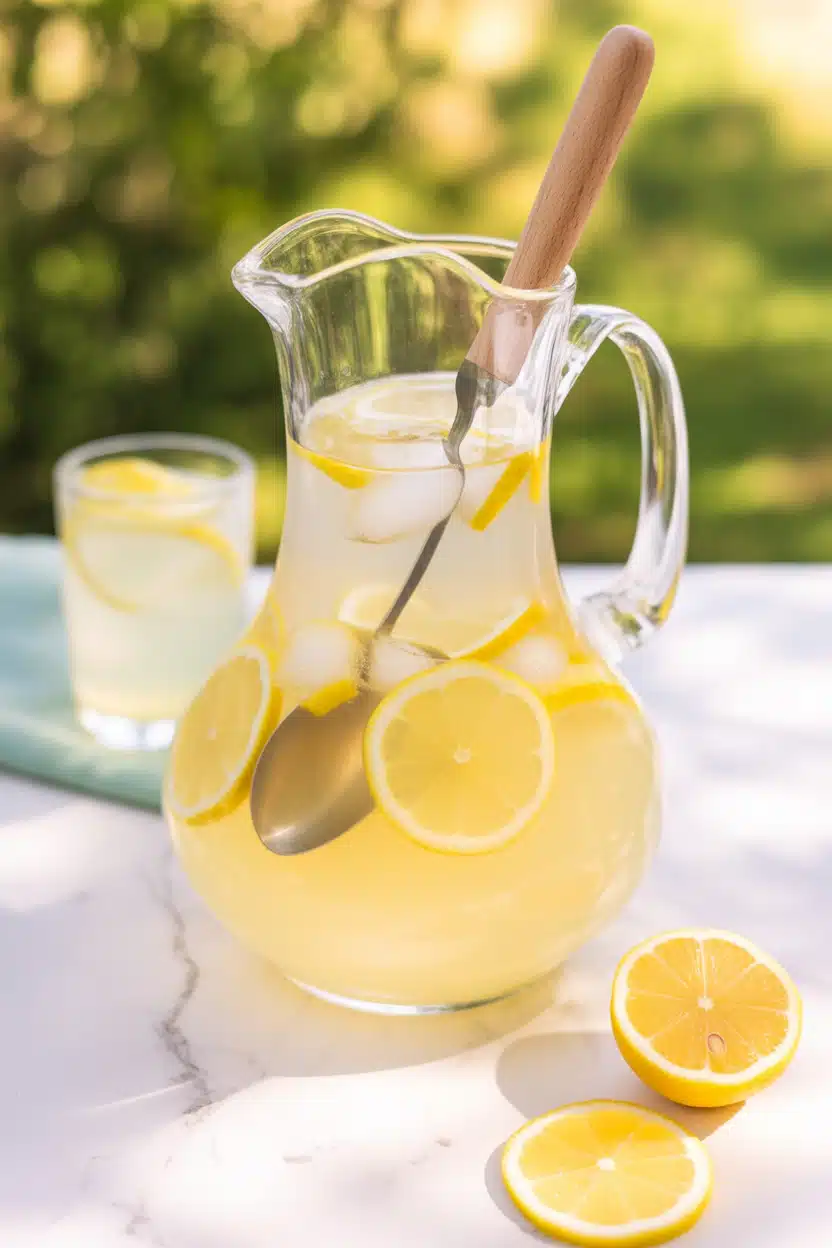 Perfect lemonade recipe close-up with lemon slice, mint, and condensation