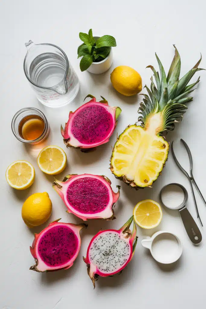 Ingredients for Pineapple Dragonfruit Lemonade—pineapple, dragonfruit, lemons, sweetener, water