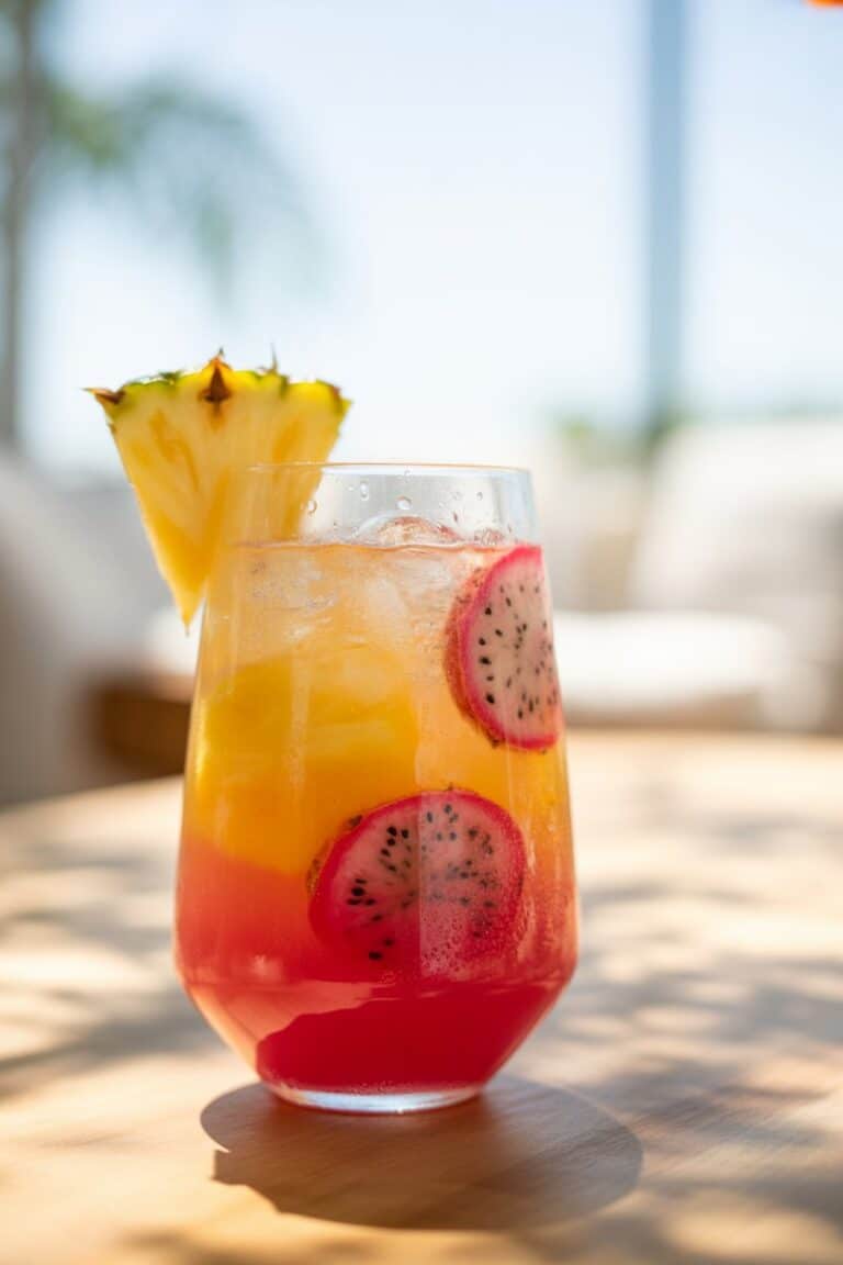 Close-up Pineapple Dragonfruit Lemonade with pineapple wedge and dragonfruit seeds
