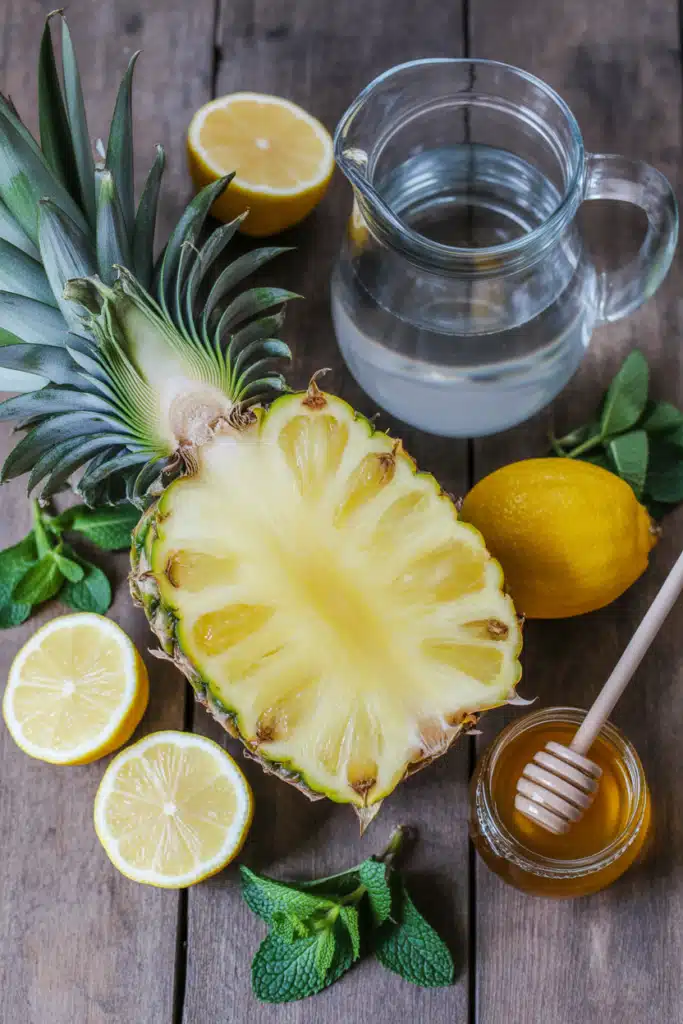 Pineapple lemonade ingredients including pineapple, lemons, and mint