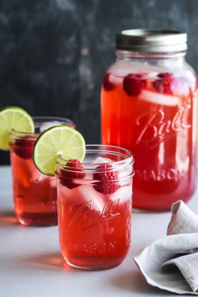 Close-up raspberry lemonade with lemon slice, raspberries, and mint