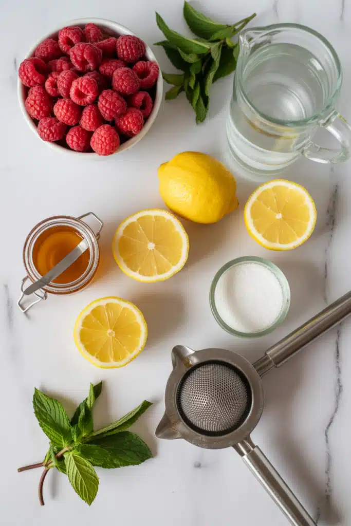 Raspberry lemonade ingredients including raspberries, lemons, sugar, and mint