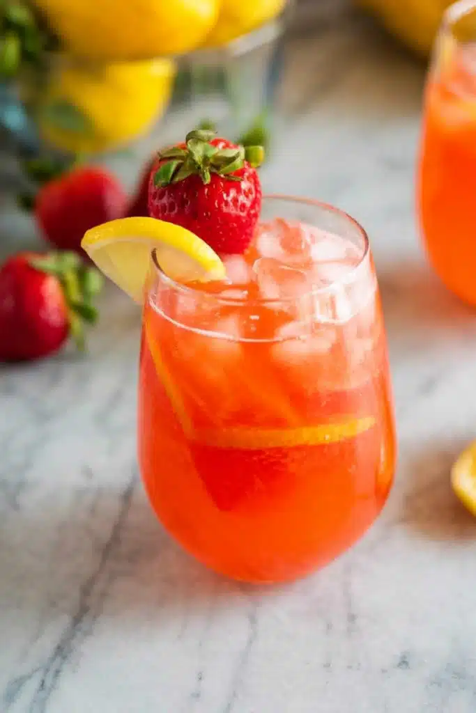 Close-up strawberry lemonade with lemon slice, strawberry, and mint