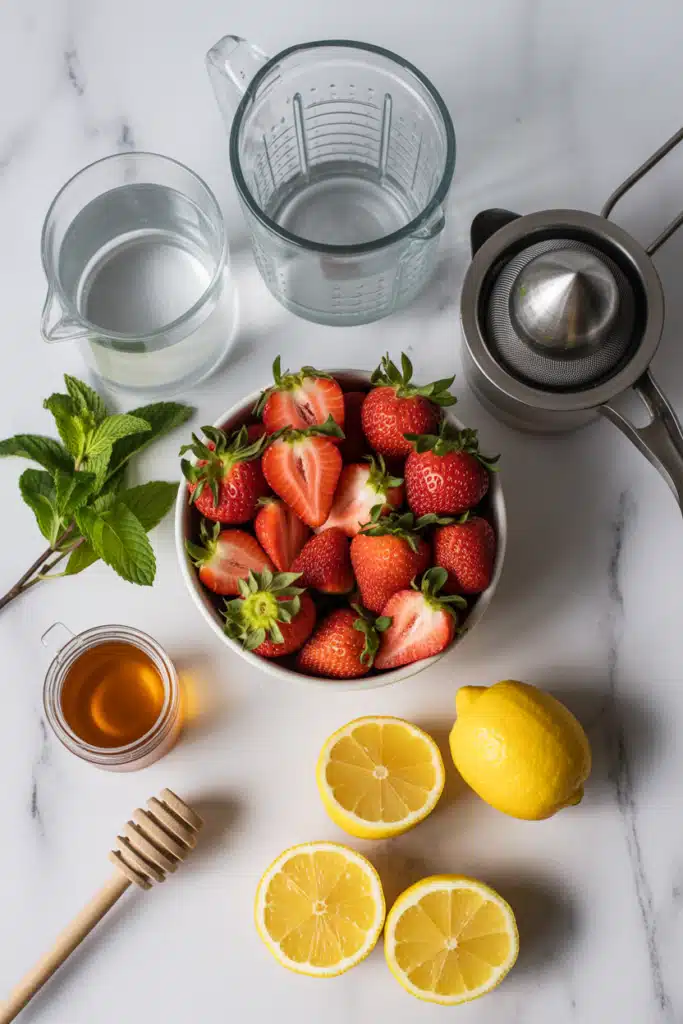 Ingredients for strawberry lemonade including strawberries, lemons, sugar, and mint