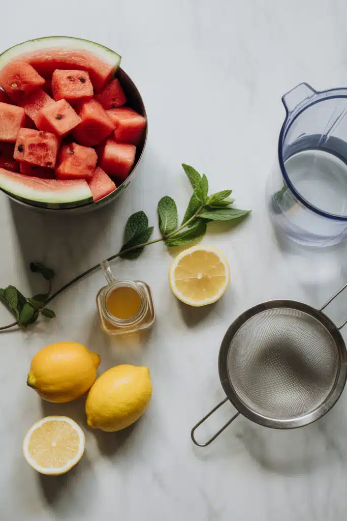 Ingredients for watermelon lemonade on marble